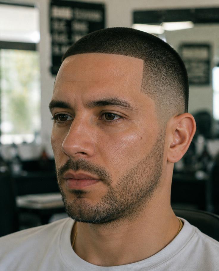 Man with a sharp short cut and lineup